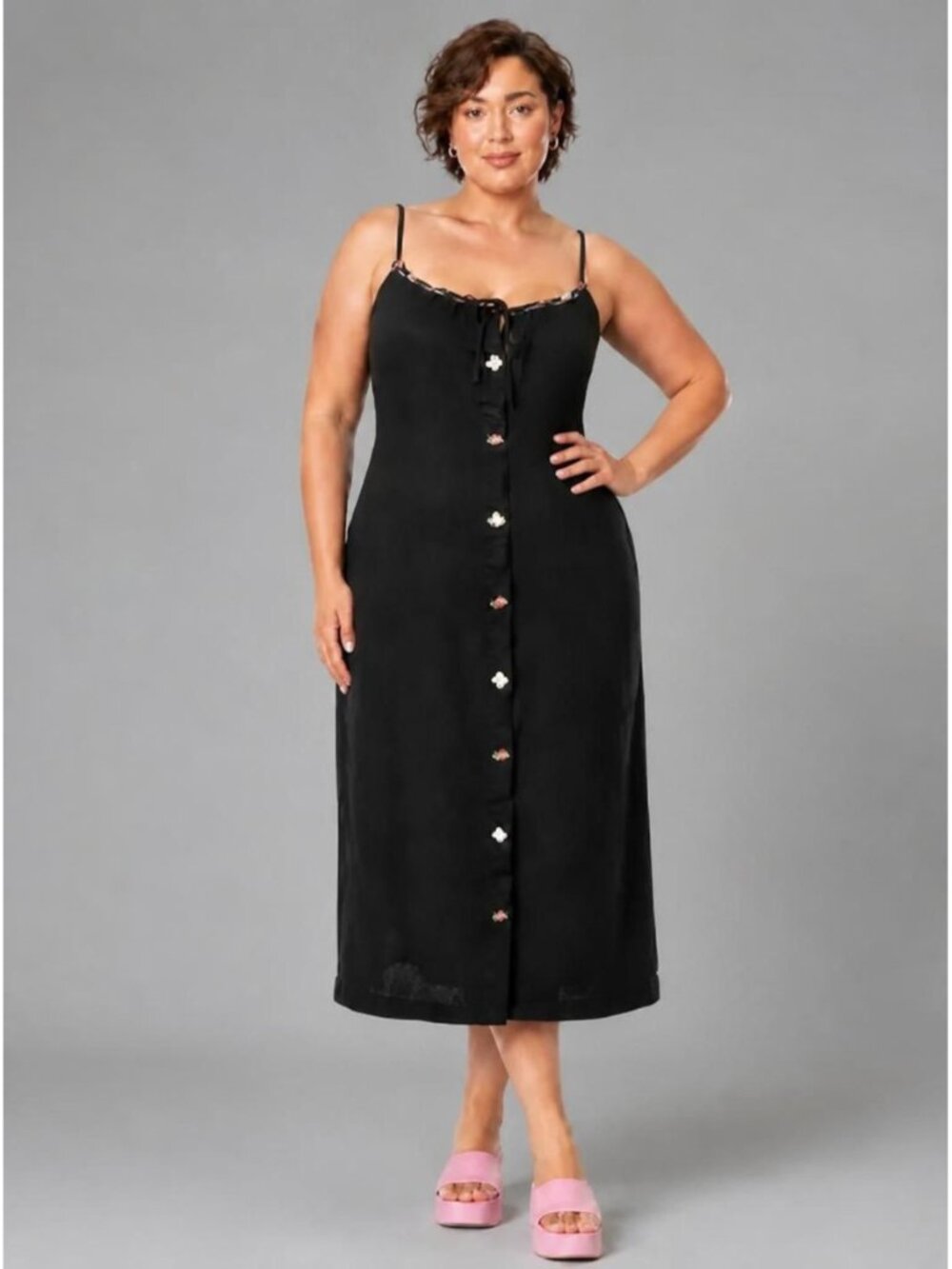 Vintage Y2K satin rosebud trim Irish linen midi slip dress